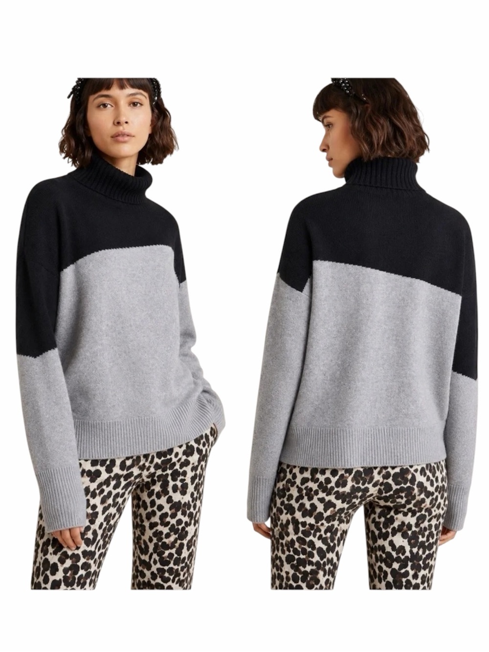 Anthropologie Lorena Gray Black Color Block Knit Turtleneck Sweater Size Medium